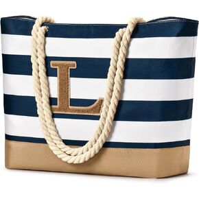 Becokan Initial Beach Bag Waterproof Beach Tote Bag Personalized Beach Birthday Gifts for Women Her Travel Beach Essential