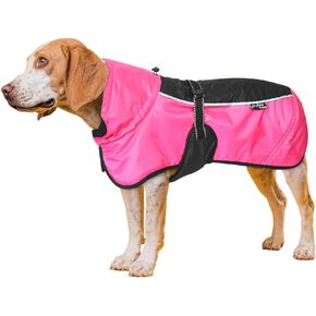 Dog Winter Jacket - DogCoat with Elastic Under Legs - 100% Polyester Filling, with Leash and Harness Compatible, Neck Elastic, and Colors, Blue/Black- 16 inch Length