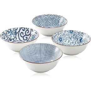 YALONG 8 Inch 40 Ounce Ceramic Bowls for Kitchen Deep Soup Pho Bowls, Blue White Large Porcelain Salad Bowls Set for Ramen Pasta Cereal Dessert Stackable Deep Noodle Serving Bowls Set of 4