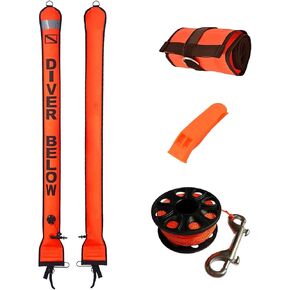 Diving Surface Marker Buoy Set SMB 5ft High Visibility Inflatable Scuba Signal Tube Safety Sausage with 100ft Diving Spool Reel and Clip