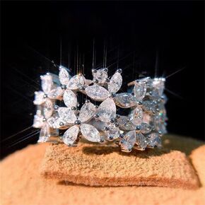 AZQ 925 Sterling Silver Shiny Full Diamond Ring 18K Gold Flower Cocktail Rings Teardrop Cubic Zirconia Promise Rings CZ Flower Diamond Ring Eternity Engagement Wedding Band Ring for Women Z.2