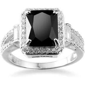 Vintage 925 Sterling Silver Black Gem Ring Cocktail Rings Square Cut Black Onyx Marcasite Cubic Zirconia Anniversary Promise Ring CZ Eternity Engagement Wedding Band Ring for Women TZ.107