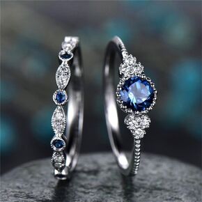 AZQ Fashion 2PCS 925 Sterling Silver Natural Sapphire Ring Round Cut Cubic Zirconia Promise Rings CZ Classical Eternity Engagement Wedding Band Ring Set for Women