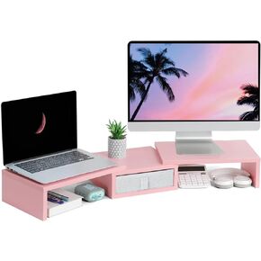 TEAMIX Pink Dual Monitor Stand Riser with Drawer - Length and Angle Adjustable Double Corner Desk Shelf Organizer 37 inch Long for 2 Laptop/PC/Screen/TV