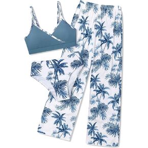Girls Swimsuit 3 Piece Tropical Print Bathing Suit V Neck Bikini Set with Quick Dry Cover Up Pants 9-16Y in Kuwait