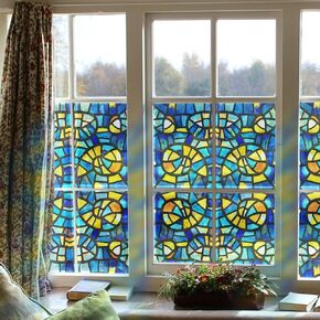 Original Hand Drawn Privacy Frosted Stained Glass Window Film, Single Sided Removable Static Cling Glass Covering for Bathroom Glass Window Decor, Blue Yellow Glass Mosica 17.72"x118.11"