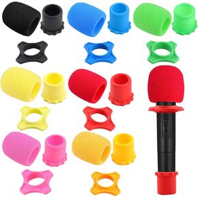 10 Set Handheld Microphone Protection Foam Mic Cover Set, Including 10 PCS Foam Microphone Windscreen Cover, 10 PCS Silicone Ring, 10 PCS Bottom Rod Sleeve Holder for KTV Mic Device(7 Colors)