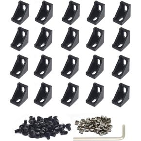 Iverntech 20pcs Black Aluminum Corner Bracket Connector Inside Joint Plate Fastener with 40pcs M5 T Nuts+40 pcs M5 Screw+1pcs Wrench for Standard 6mm Slot 2020 Series Aluminum Extrusion Profile