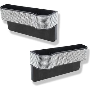 Car Seat Organizer, 2 Packs L-Shape Car Seat Gap Filler, 4 Separated Slots Design, Space Saving, Shiny Rhinestone Surface, Soft Sponge Back, Charging Ports, Black & White, 1 Pair
