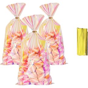 Cellophane Bags,50 Pcs Cellophane Treat Bags, Iridescent Holographic Candy Bags, Clear Goodie Bags with Colorful Twist Ties for Birthday Party Favors, Halloween,Christmas, Baby Showers (L, Cone)