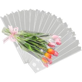 NUOMI 100 Pcs Flower Bouquet Bag Plastic Wrapping Bags with Lace Decor Disposable Cellophane Floral Bouquet Sleeve for Wedding, Mother's Day, Birthday, Holiday, Valentine, 19 Inch