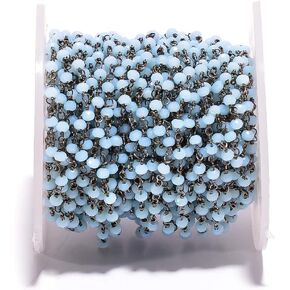 BEADS HUB 1-10 Feet Multi Color Chalcedony Gemstone Rondelle Faceted 4x3 mm Beads Black Plated Wire Wrapped Rosary Chain, Hydro Quartz Beaded Chain for Jewelry Making (Light Blue, 10 Feet)
