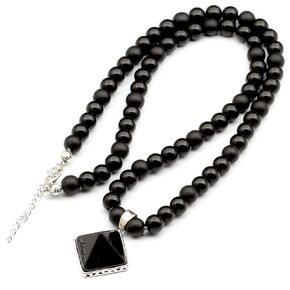 ElisaJewelryArt - Natural Pyramid Amethyst Pendant Necklace Black Onyx Beaded Necklace Genuine Gemstone Feng Shui Stone Clasp Closure Necklace Unisex Necklace (22, Amethyst)