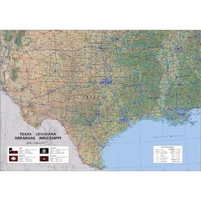 Texas, Louisiana, Arkansas & Mississippi States Physical Poster Map - 23.3 x 16.5 Inches - Paper Laminated