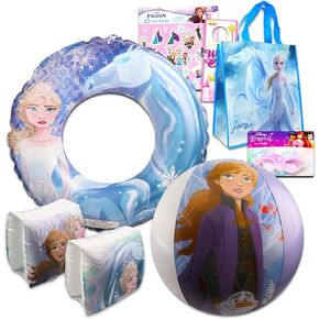Disney Frozen Ultimate Beach Set - 6 Pc Disney Pool Toys Bundle with Frozen Beach Ball, Swim Ring, Goggles, and Tote Bag Plus Stickers and More (Frozen Gift Set)