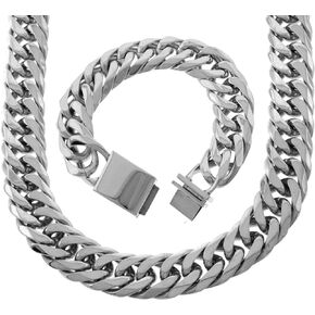 Mens Solid Stainless Steel 21mm Miami Cuban Link Choker Chain And Bracelet Set Heavy 24 inches
