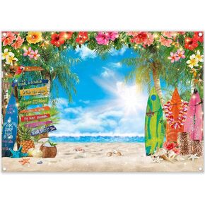 7x5ft Summer Hawaiian Beach Photography Backdrop Tropical Flower Palm Leaves Surfboard Background for Luau Aloha Party Decoration Banner Photo Booth