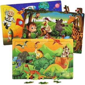 Wooden Puzzles Toys for Kids Ages 4-6, Set of 3 Packs with 60-Piece Wood Jigsaw Puzzles, Dinosaur, Animal and Space Theme. Ideal Gifts for Boys and Girls 3 4 5 6 7 8 Years Old