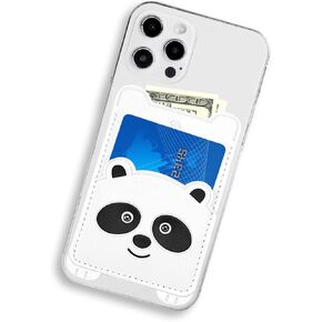 Cell Phone Wallet,White Leather Cute Panda, Secure Card Holder for iPhone, Android & Smartphones,Premium Leather,Adhesive Sleeve Pocket,Minimalist Design