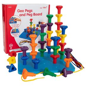 edxeducation Geo Pegs and Peg Board Set - 36 Pegs in 3 Shapes and 6 Colors + 3 Laces - Ages 18m+ - Homeschool Supplies for Preschool Activities