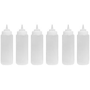 SET OF 6, 32 Oz. (Ounce) Large Clear Squeeze Bottle, Condiment Squeeze Bottle, Open-Tip, Wide Screw-On Spout, Polyethylene Durable Plastic, Diner Style.