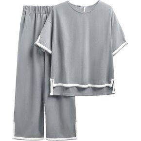 أطقم كتان NORACORA مكونة من قطعتين أطقم صالة نسائية متطابقة بأرجل واسعة وأكمام قصيرة ملابس رياضية صيفية أنيقة غير رسمية in Kuwait