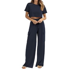 Atizon Women 2 Piece Outfits Summer Short Sleeve Crop Top Elastic Waist Wide Leg Pants Lounge Sets Casual
