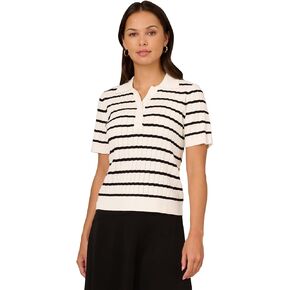 Adrianna Papell Women's Pointelle Short Sleeve Polo Striped V-Placket Sweater