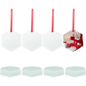 PYD Life 24 PCS Sublimation Ornament Blanks Glass 3 Inch Round Ornament with Red Ribbon for DIY Crafting Personalized Home Christmas Decor Bulk