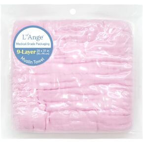 L'Ange Muslin Baby Towel - Infant Bath Towels for Newborn Babies Boy or Girl - 100% Cotton - Ready to Use Medical Grade Packaging for Infants and Newborns - 9 Layers - Pink - 28x37 in