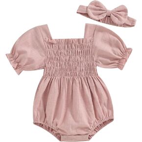 Newborn Baby Girl Clothes Spring Summer Outfit Solid Short Sleeve Pleated Romper with Bow Headband Bodysuit Jumpsuit