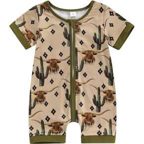 Muasaaluxi Western Baby Girl Boy Clothes Short Sleeve Cow Print Romper Zipper Bodysuit Jumpsuit Summer Clothes 0-18M
