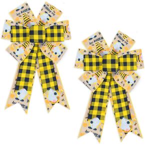 Large Bumble Bee Wreath Bows, Black White Buffalo Plaid Bows for Wreath Yellow Dot Wreath Bows Spring Flower Bows for Front Door Yellow Bee Tree Bows for Indoor Outdoor Decor