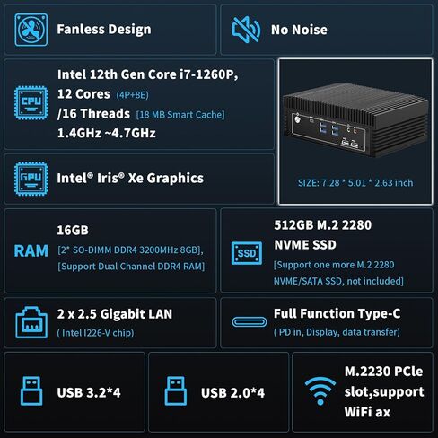 كمبيوتر صغير بدون مروحة، i7-1260P وحدة المعالجة المركزية 16 جيجابايت (8 جيجابايت × 2) ذاكرة الوصول العشوائي + m.2 512 جيجابايت NVME SSD، Iris Xe Graphics Industrial Box PC، كمبيوتر صغير، شاشة 4K HD/DP، 2x DDR4 RAM، Dual 2.5 Gigabit Ethernet LAN، 8 منافذ U in Kuwait