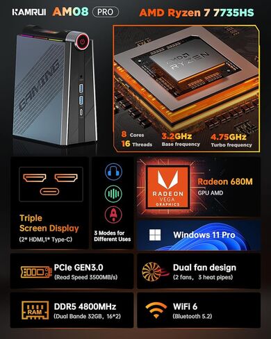 KAMRUI Ryzen Mini PC Gaming، 32GB DDR5 ثنائي القناة 512GB SSD برج كمبيوتر صغير مع AMD Ryzen 7 7735HS، أجهزة كمبيوتر سطح المكتب الصغيرة تدعم شاشة ثلاثية 4K، مصابيح RGB، WiFi6، BT5.2، النوع C in Kuwait