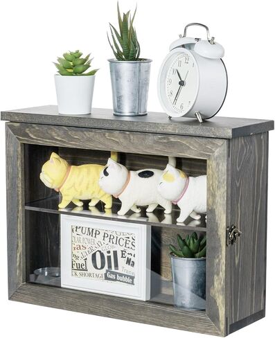 MyGift 15 x 11 inch Wall Mounted Vintage Gray Solid Wood Display Case, Hanging Shadow Box with Clear Viewing Panel on Hinged Door, Metal Latch and Acrylic Shelf in Saudi Arabia