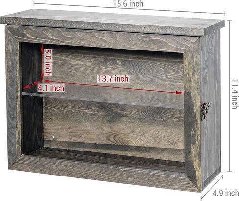 MyGift 15 x 11 inch Wall Mounted Vintage Gray Solid Wood Display Case, Hanging Shadow Box with Clear Viewing Panel on Hinged Door, Metal Latch and Acrylic Shelf in Saudi Arabia