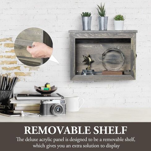 MyGift 15 x 11 inch Wall Mounted Vintage Gray Solid Wood Display Case, Hanging Shadow Box with Clear Viewing Panel on Hinged Door, Metal Latch and Acrylic Shelf in Saudi Arabia
