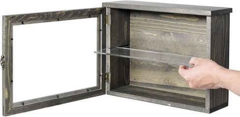 MyGift 15 x 11 inch Wall Mounted Vintage Gray Solid Wood Display Case, Hanging Shadow Box with Clear Viewing Panel on Hinged Door, Metal Latch and Acrylic Shelf in Saudi Arabia