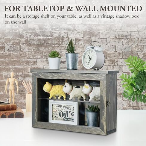 MyGift 15 x 11 inch Wall Mounted Vintage Gray Solid Wood Display Case, Hanging Shadow Box with Clear Viewing Panel on Hinged Door, Metal Latch and Acrylic Shelf in Saudi Arabia