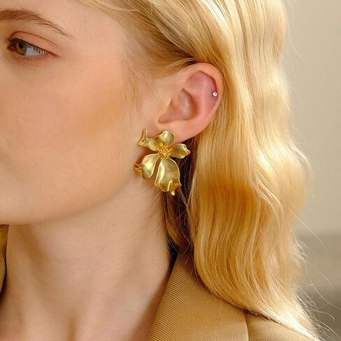 Gold Flower Earrings 14K Gold Statement Flower Earrings for Women Enamel Flower Floral Earrings Sweet Gardenia Flower Stud Earrings Jewelry Gift for Women Girls in Saudi Arabia