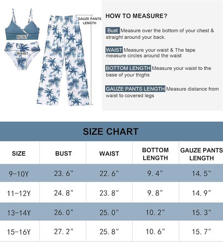 Girls Swimsuit 3 Piece Tropical Print Bathing Suit V Neck Bikini Set with Quick Dry Cover Up Pants 9-16Y in Kuwait