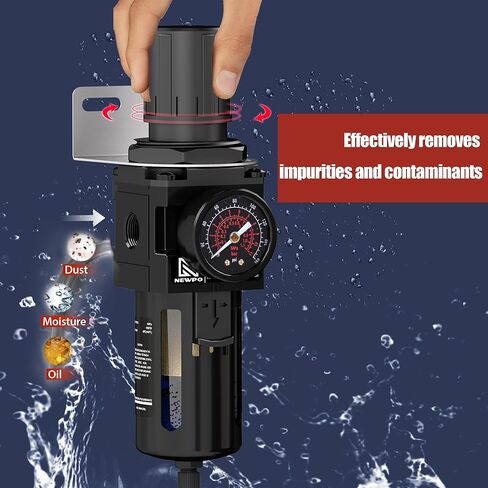 منظم فلتر الهواء من نيوبو 3/8 بوصة مع مقياس، نظام تجفيف الهواء، خرطوشة فلتر نحاسية 5 ميكرون، وعاء بولي، تصريف شبه تلقائي، دعامة معدنية in Kuwait