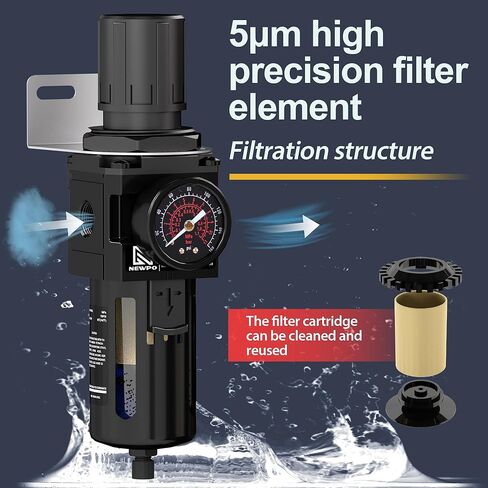 منظم فلتر الهواء من نيوبو 3/8 بوصة مع مقياس، نظام تجفيف الهواء، خرطوشة فلتر نحاسية 5 ميكرون، وعاء بولي، تصريف شبه تلقائي، دعامة معدنية in Kuwait