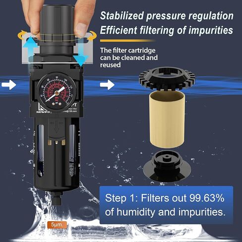 منظم فلتر الهواء من نيوبو 3/8 بوصة مع مقياس، نظام تجفيف الهواء، خرطوشة فلتر نحاسية 5 ميكرون، وعاء بولي، تصريف شبه تلقائي، دعامة معدنية in Kuwait