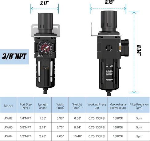 منظم فلتر الهواء من نيوبو 3/8 بوصة مع مقياس، نظام تجفيف الهواء، خرطوشة فلتر نحاسية 5 ميكرون، وعاء بولي، تصريف شبه تلقائي، دعامة معدنية in Kuwait