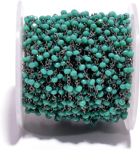 BEADS HUB 1-10 Feet Multi Color Chalcedony Gemstone Rondelle Faceted 4x3 mm Beads Black Plated Wire Wrapped Rosary Chain, Hydro Quartz Beaded Chain for Jewelry Making (Light Blue, 10 Feet) in Saudi Arabia