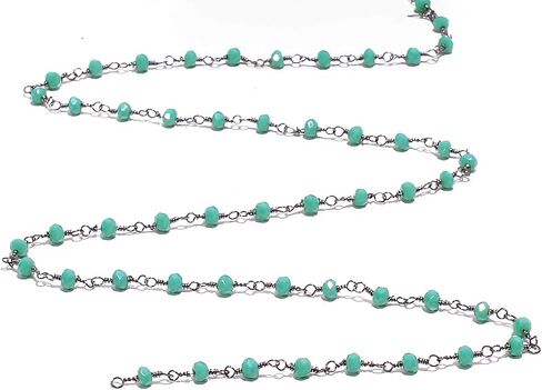 BEADS HUB 1-10 Feet Multi Color Chalcedony Gemstone Rondelle Faceted 4x3 mm Beads Black Plated Wire Wrapped Rosary Chain, Hydro Quartz Beaded Chain for Jewelry Making (Light Blue, 10 Feet) in Saudi Arabia