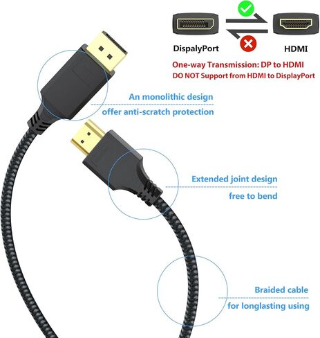 كابل DispalyPort إلى HDMI بطول 3 أقدام، ومنفذ Dispaly DP إلى HDMI سلك محول ذكر إلى ذكر [نقل في اتجاه واحد] لشاشة عرض HDTV متوافقة مع Lenovo HP ASUS Dell وغيرها من العلامات التجارية in Kuwait