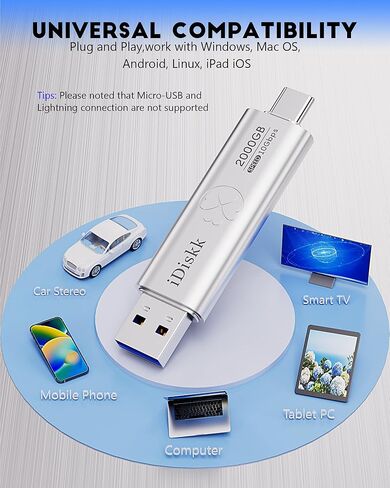 【التوصيل والتشغيل】 عصا صور iDiskk 2 تيرابايت فائقة السرعة لمحرك فلاش الحالة الصلبة لهاتف iPhone 15/15 Plus/15 Pro/15 Pro Max، وUSB C iPad، وMacBook، وأجهزة الكمبيوتر المحمول، وهواتف Android وأجهزة الكمبيوتر التي تعمل بنظام Windows، حتى 1000 ميجابايت/ثانية in Kuwait